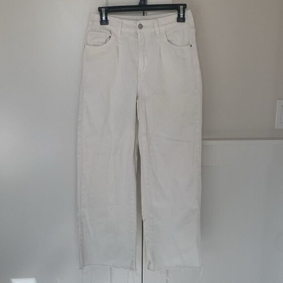SHEIN White High Waisted Jeans Wide Leg Cotton Raw Hem Women’s Size Petite S EUC - Picture 1 of 9